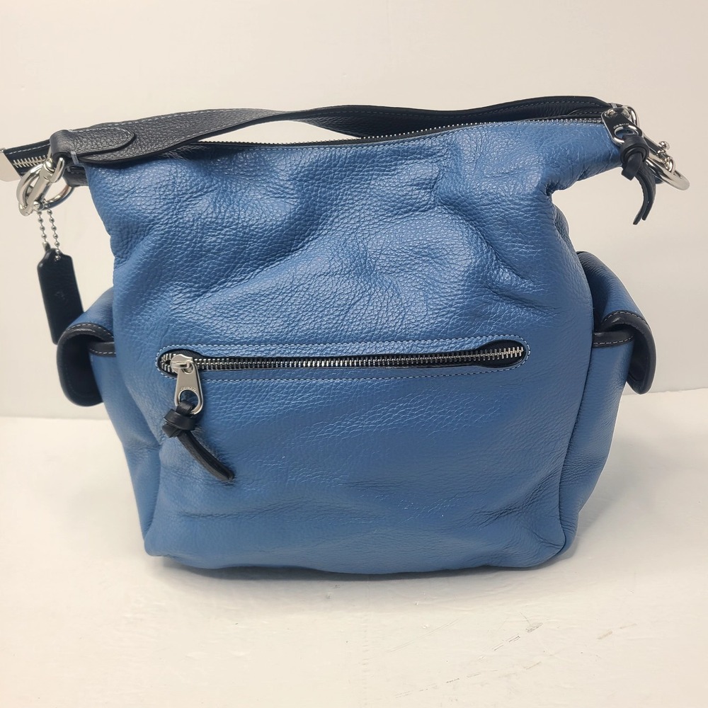 Coach Pennie Pebbled Leather Sky Blue Blk Trim Shoulder Handbag Purse Rare Color - Picture 3 of 11